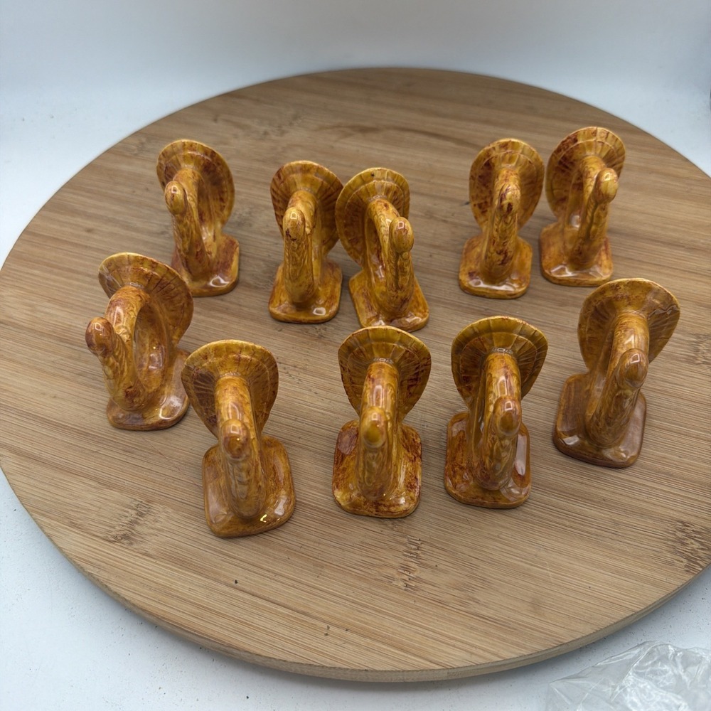 Set (10)Vtg Napkin Rings THANKSGIVING Ceramic 2.5" Turkeys Brown & Orange Signed